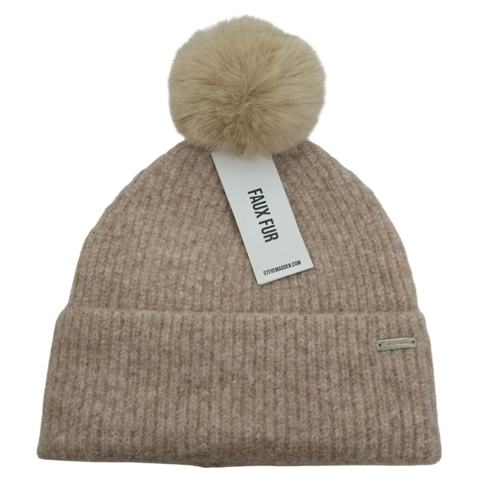 Steve Madden Oat Ribbed Knit Beanie Tan Faux Fur Pom NWT Silver Logo